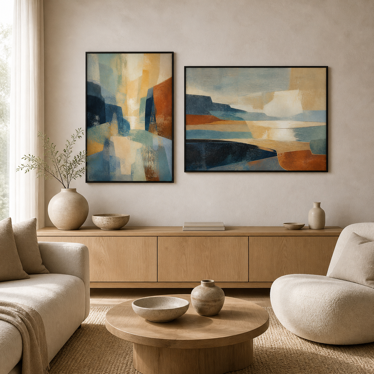 Coastal Colour Field black floating frame canvas wall art in a contemporary living room, portrait and landscape