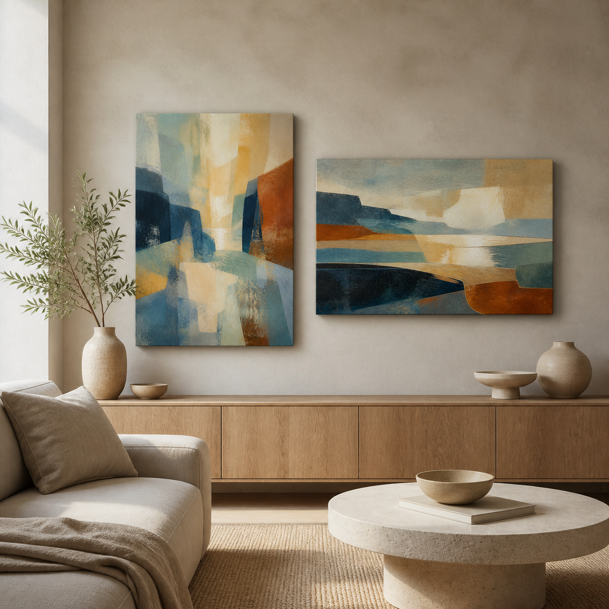 Coastal Colour Field stretched canvas wall art in a contemporary living room, portrait and landscape