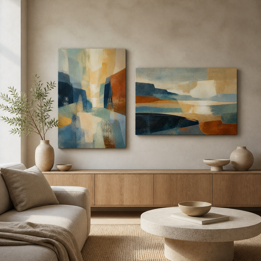 Coastal Colour Field stretched canvas wall art in a contemporary living room, portrait and landscape