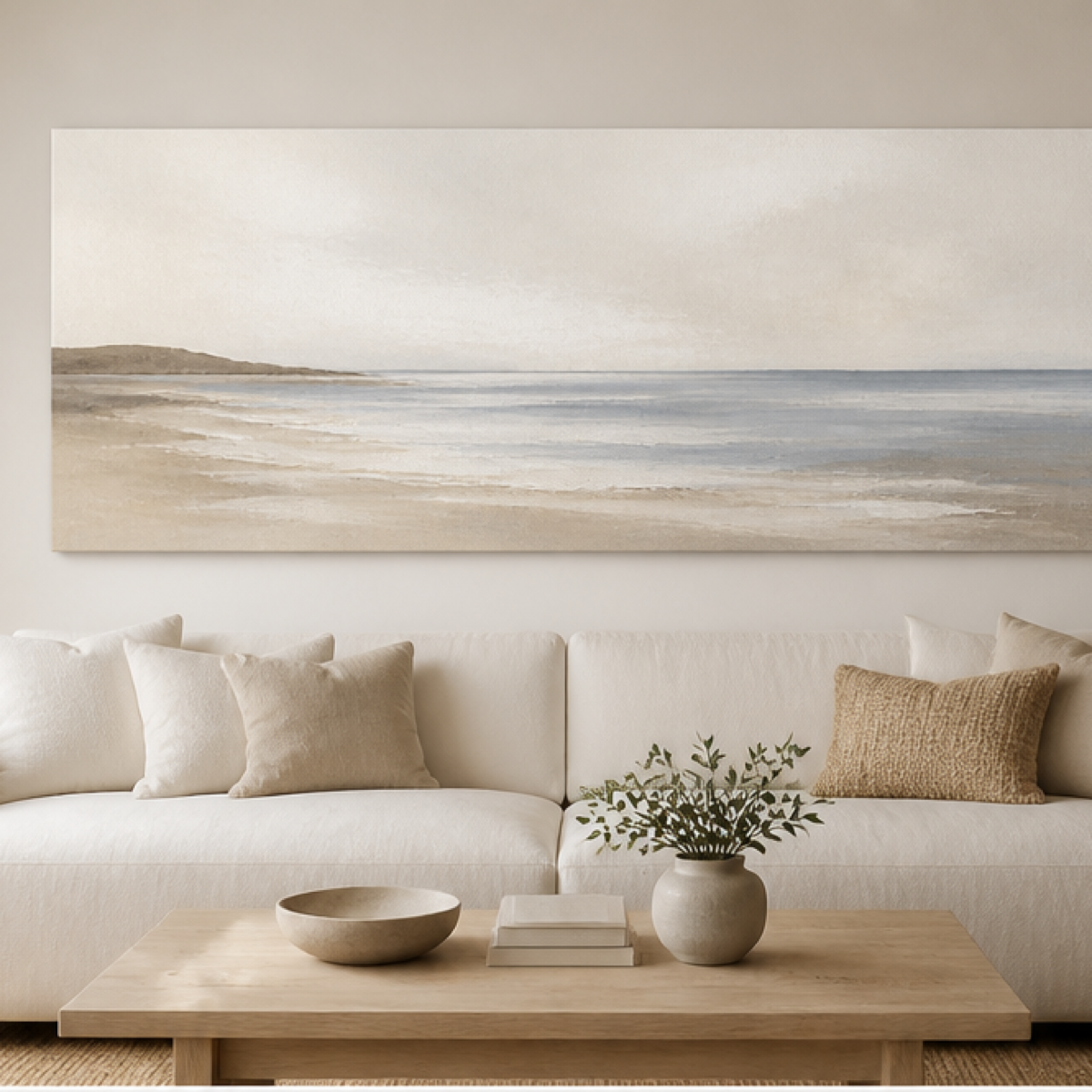 Coastal Stillness Minimalist Stretched Canvas displayed above a neutral sofa – lifestyle thumbnail