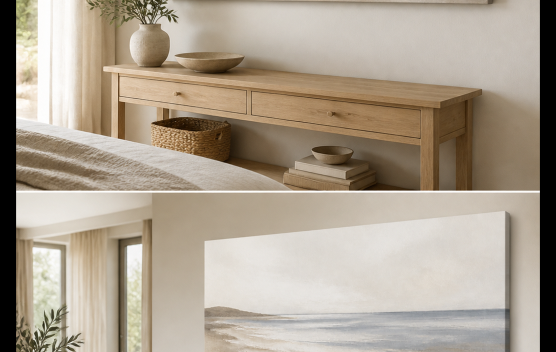 Coastal Stillness stretched canvas wall art in bedroom, left angle