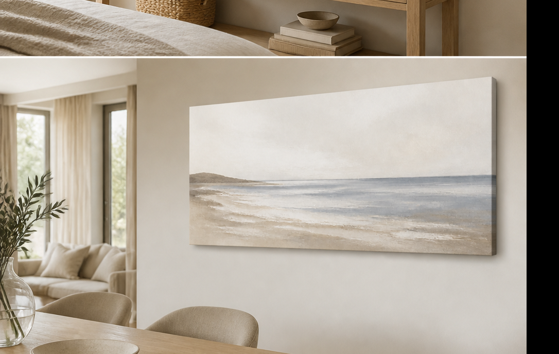 Coastal Stillness stretched canvas wall art in dining room, right angle