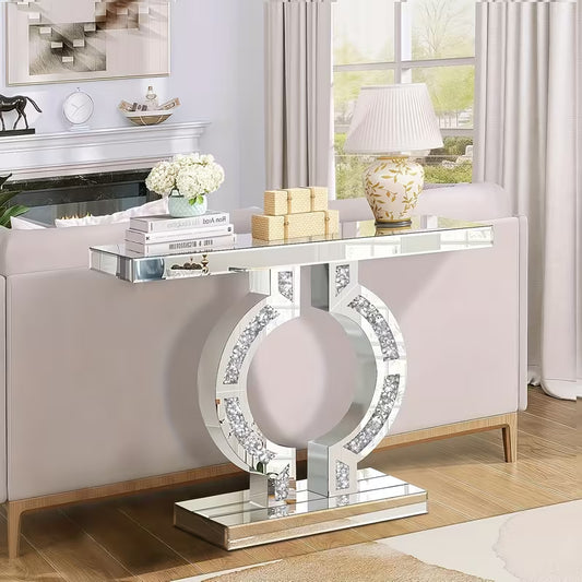 Console Table Featuring a 39.4-Inch Silver Mirror Adorned with Shattered Diamonds, Chic and Sturdy Long Glass O-Shaped Base, Perfect for Modern Living Rooms, Hallways, Lobbies, or Slim Entryways – view 1