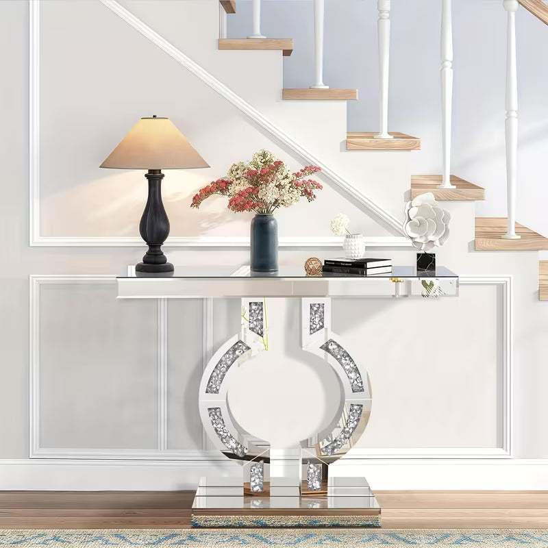 Console Table Featuring a 39.4-Inch Silver Mirror Adorned with Shattered Diamonds, Chic and Sturdy Long Glass O-Shaped Base, Perfect for Modern Living Rooms, Hallways, Lobbies, or Slim Entryways – view 2