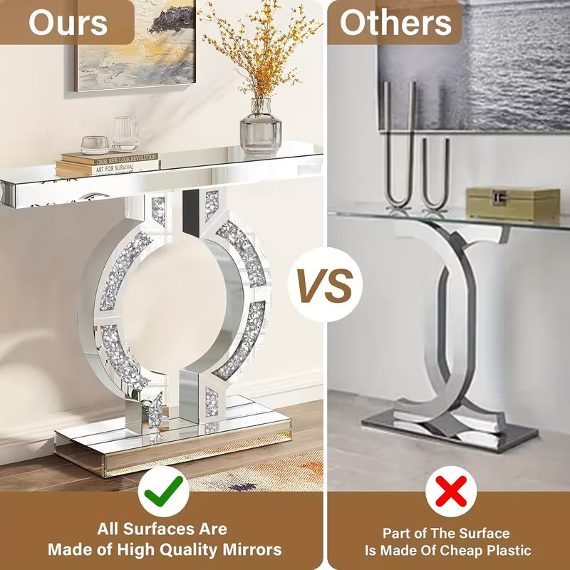 Console Table Featuring a 39.4-Inch Silver Mirror Adorned with Shattered Diamonds, Chic and Sturdy Long Glass O-Shaped Base, Perfect for Modern Living Rooms, Hallways, Lobbies, or Slim Entryways – view 4