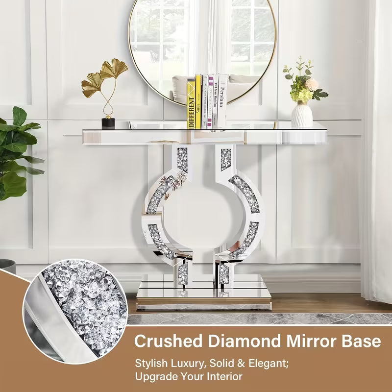 Console Table Featuring a 39.4-Inch Silver Mirror Adorned with Shattered Diamonds, Chic and Sturdy Long Glass O-Shaped Base, Perfect for Modern Living Rooms, Hallways, Lobbies, or Slim Entryways – view 5