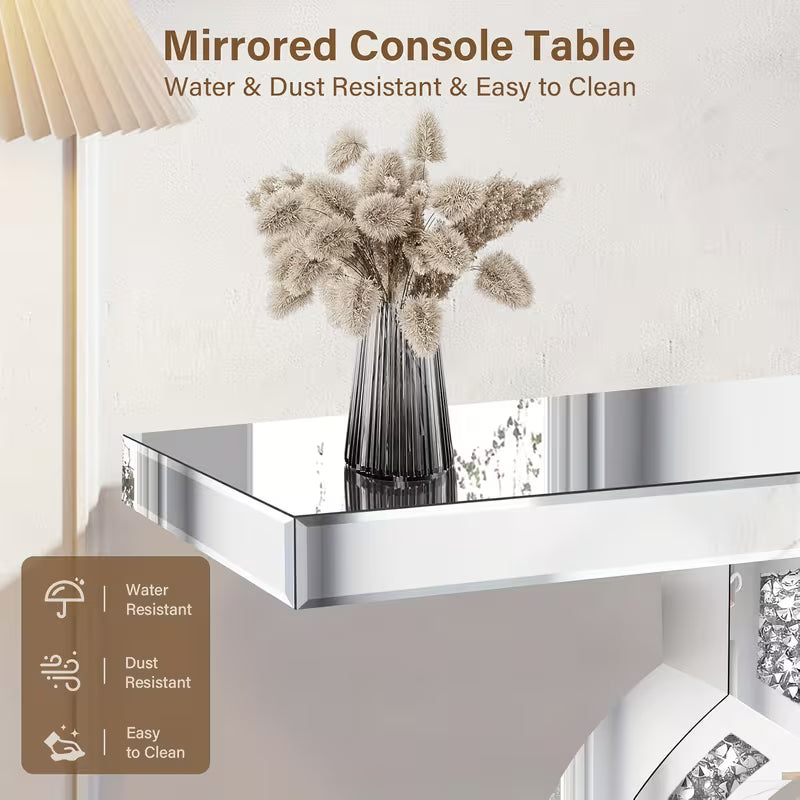 Console Table Featuring a 39.4-Inch Silver Mirror Adorned with Shattered Diamonds, Chic and Sturdy Long Glass O-Shaped Base, Perfect for Modern Living Rooms, Hallways, Lobbies, or Slim Entryways – view 6