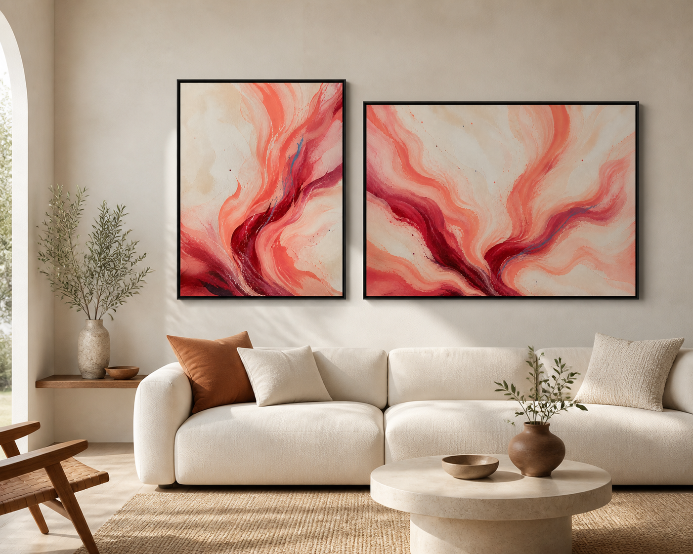 Coral Current black floating frame canvas in a contemporary living room