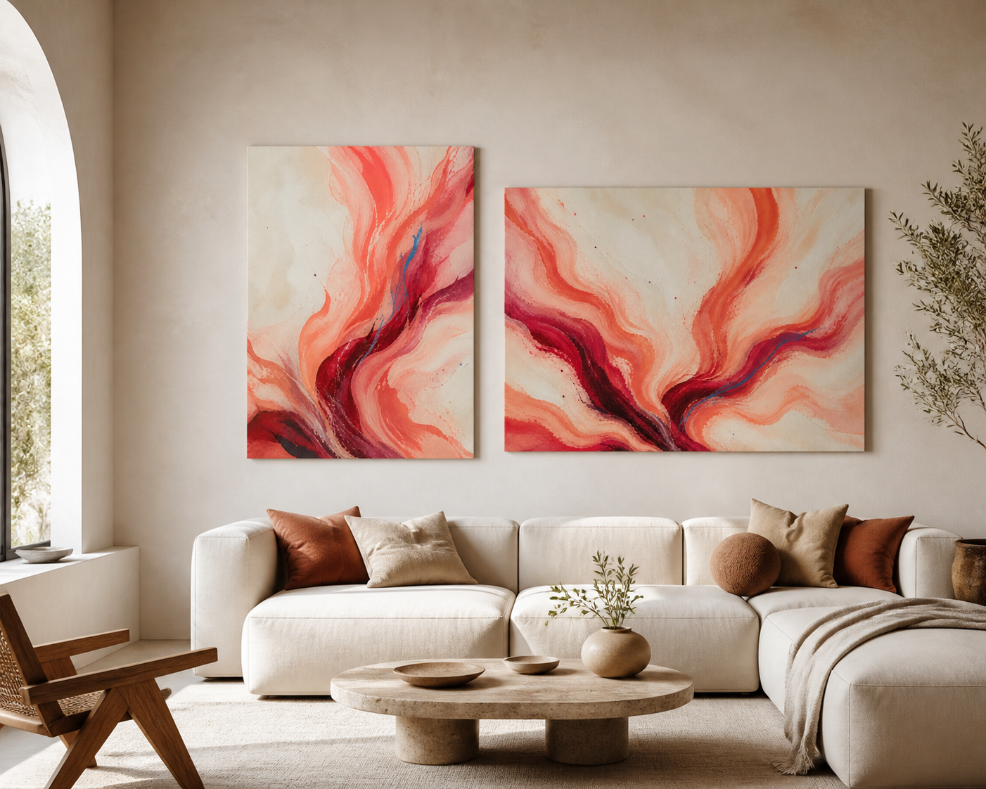 Coral Current stretched canvas in a contemporary living room