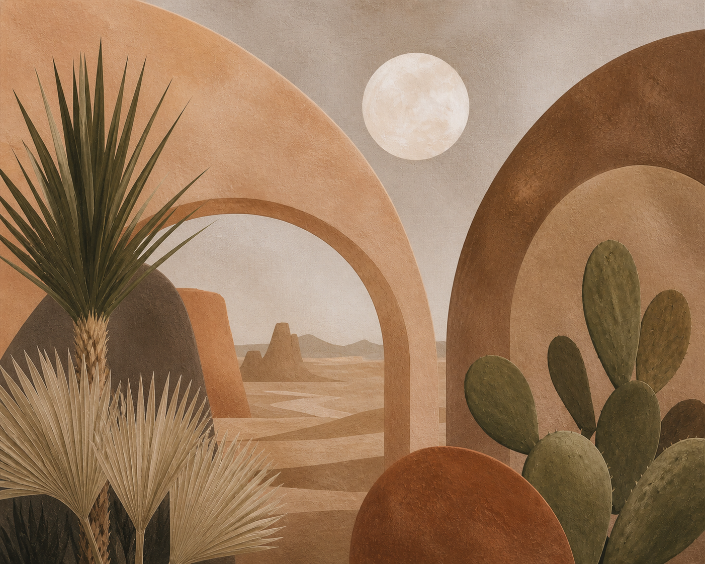 Desert Moon Garden terracotta desert botanical abstract wall art, landscape orientation
