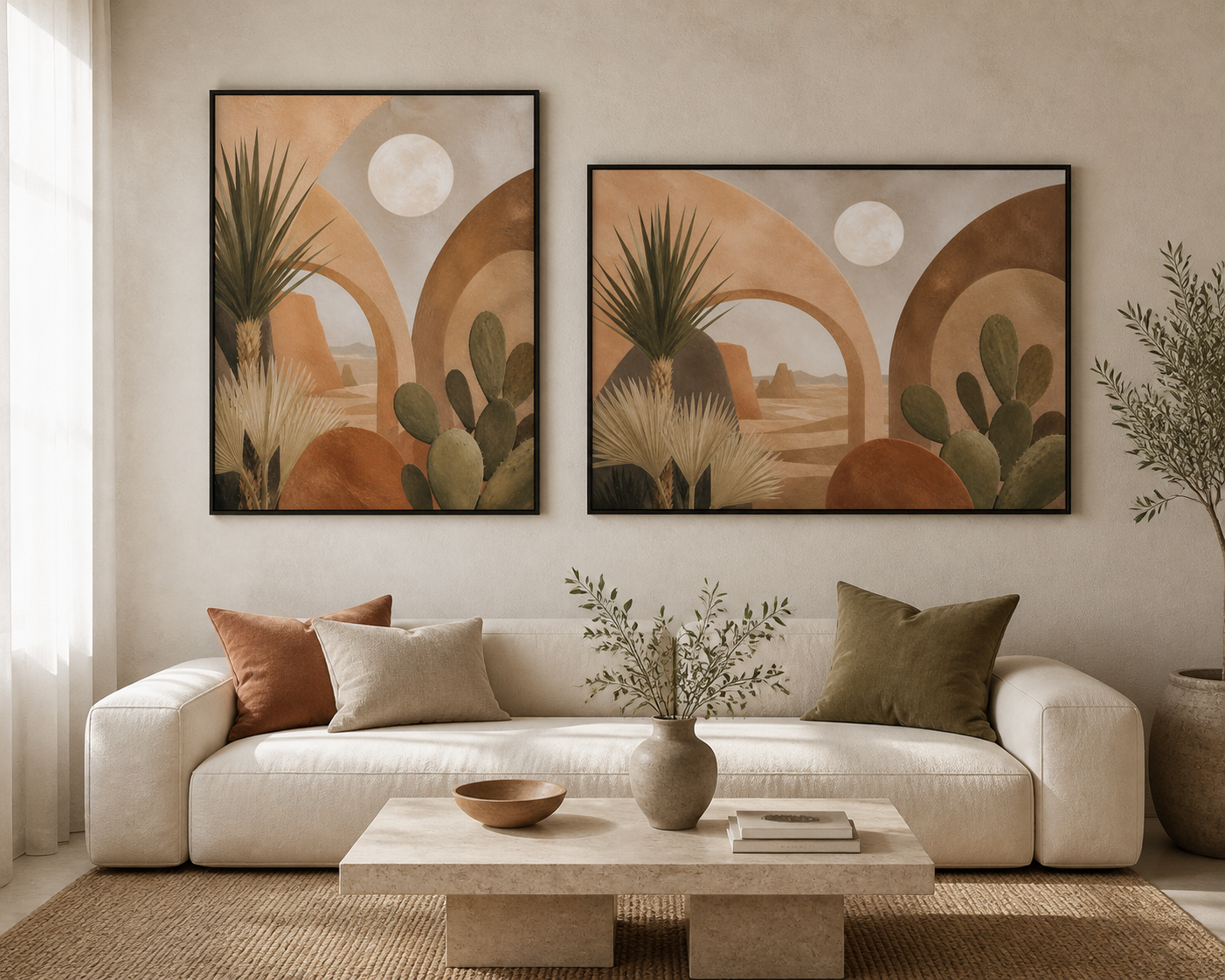 Desert Moon Garden black floating frame canvas in a contemporary living room