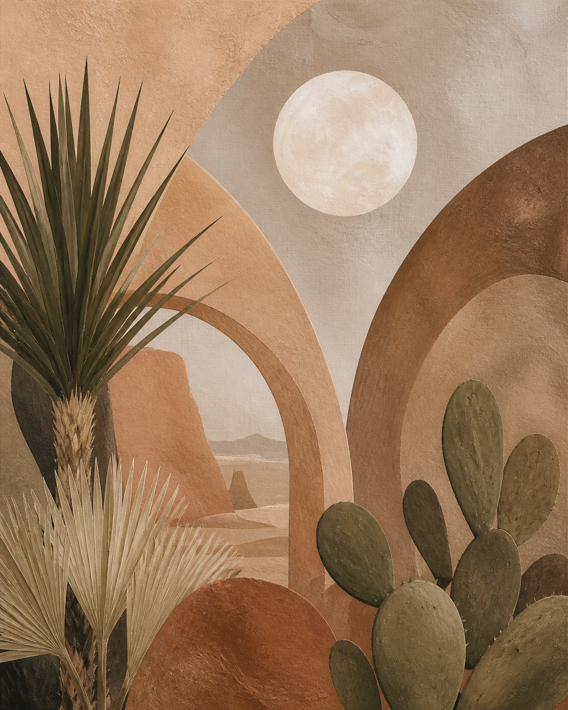 Desert Moon Garden terracotta desert botanical abstract wall art, portrait orientation