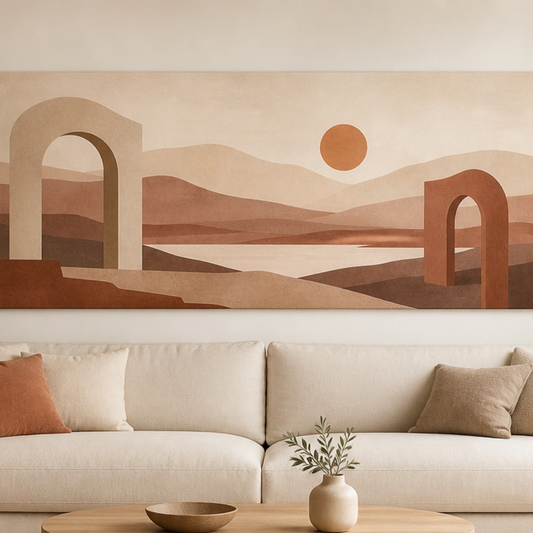 Desert Passage Landscape Stretched Canvas displayed above a neutral sofa – lifestyle thumbnail
