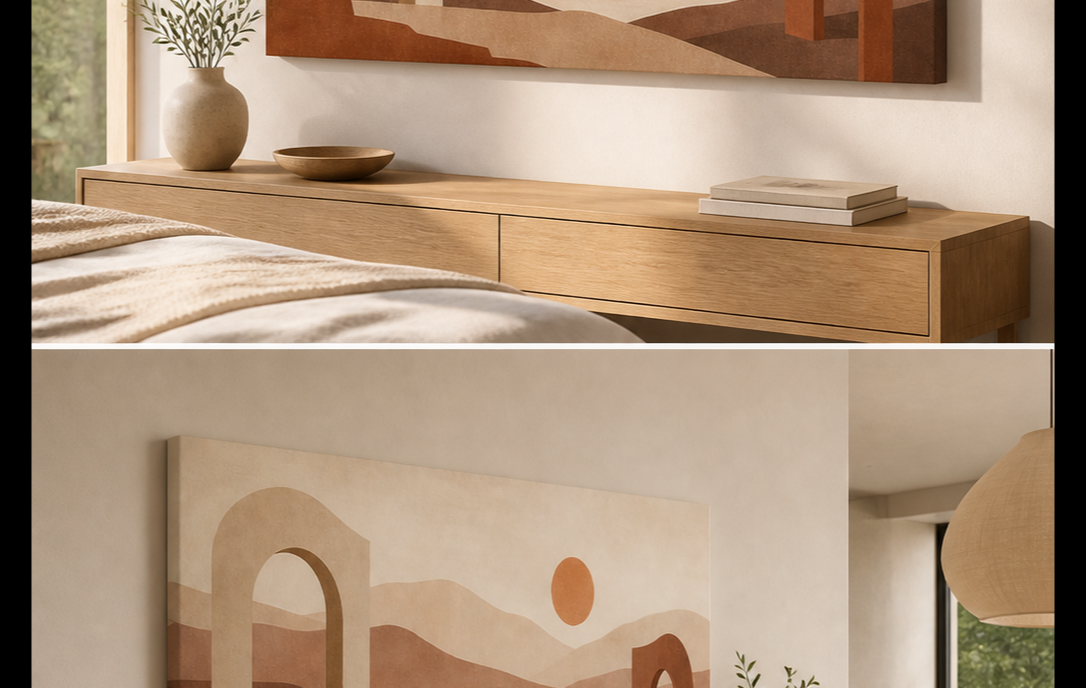 Desert Passage stretched canvas wall art in bedroom, left angle