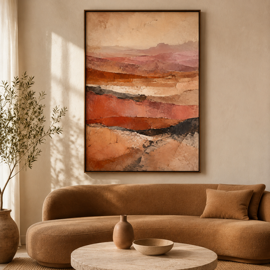Desert Strata terracotta floating-framed canvas above a warm caramel sofa