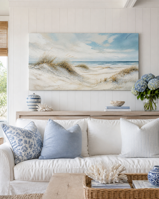 Dune Light Hamptons coastal stretched canvas wall art in a living room