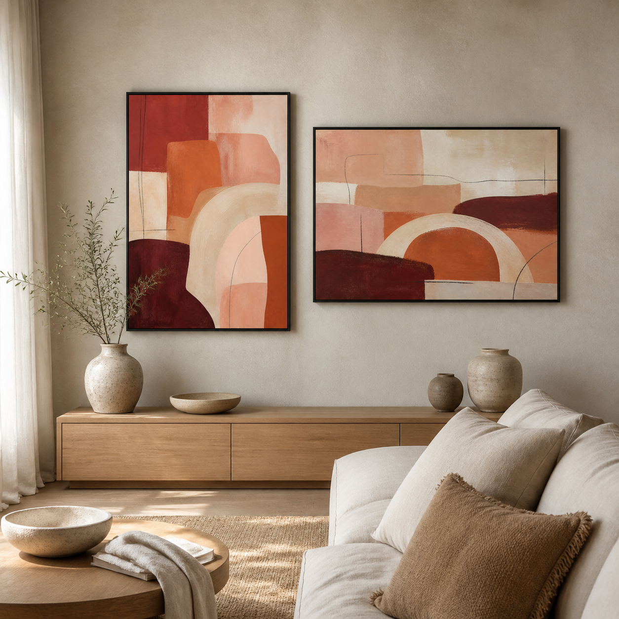 Earth Architecture black floating frame canvas wall art in a contemporary living room, portrait and landscape