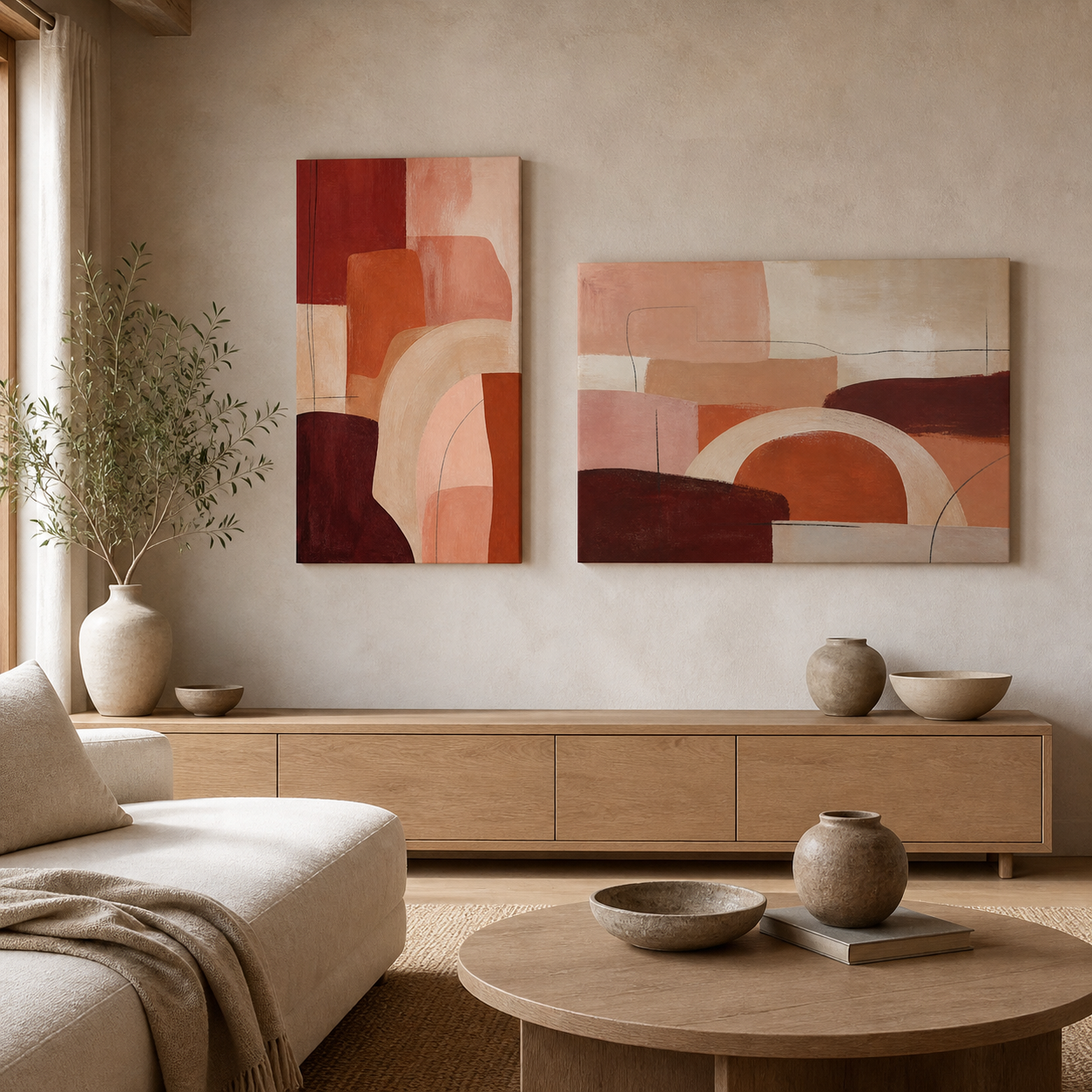 Earth Architecture stretched canvas wall art in a contemporary living room, portrait and landscape