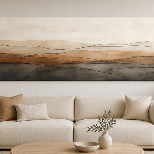 Earthbound Lines Minimalist Stretched Canvas displayed above a neutral sofa – lifestyle thumbnail