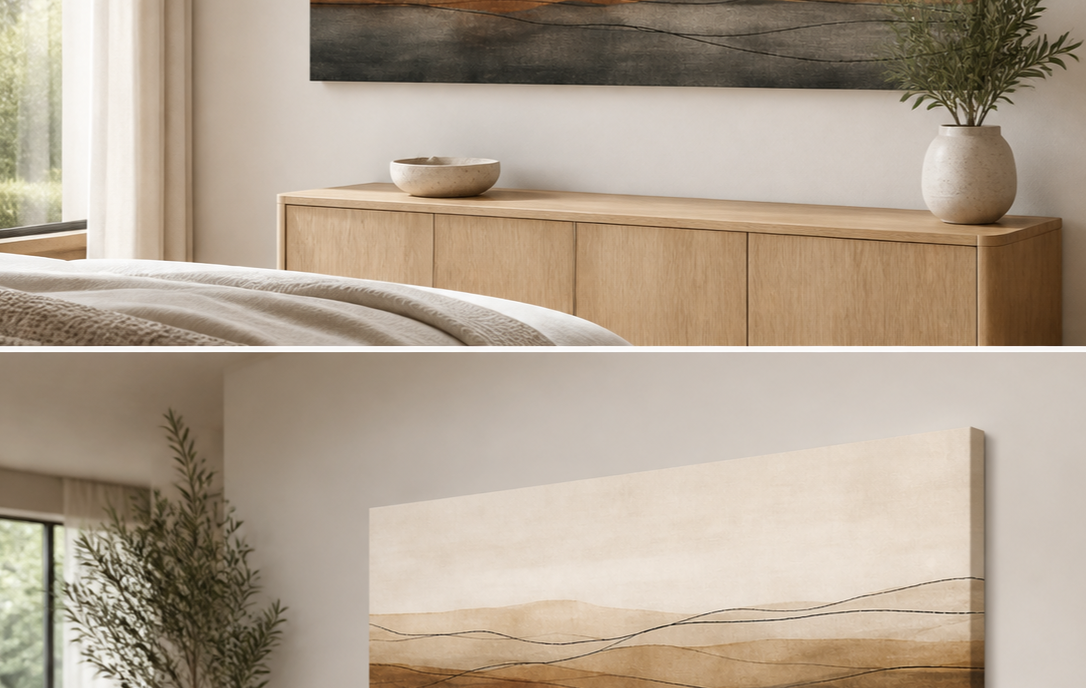 Earthbound Lines stretched canvas wall art in bedroom, left angle