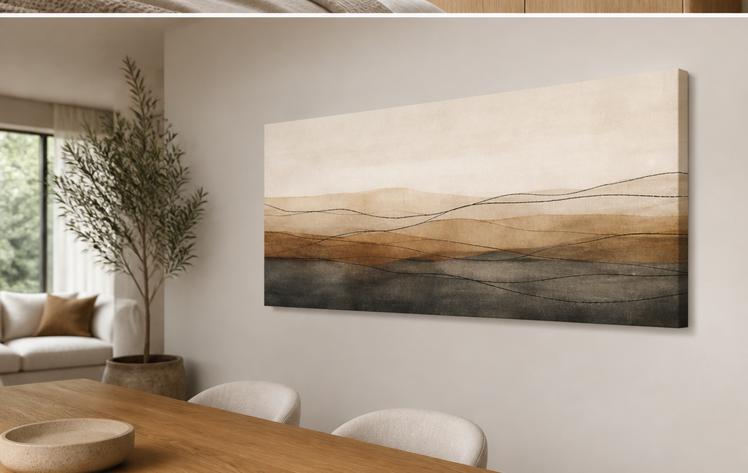 Earthbound Lines stretched canvas wall art in dining room, right angle