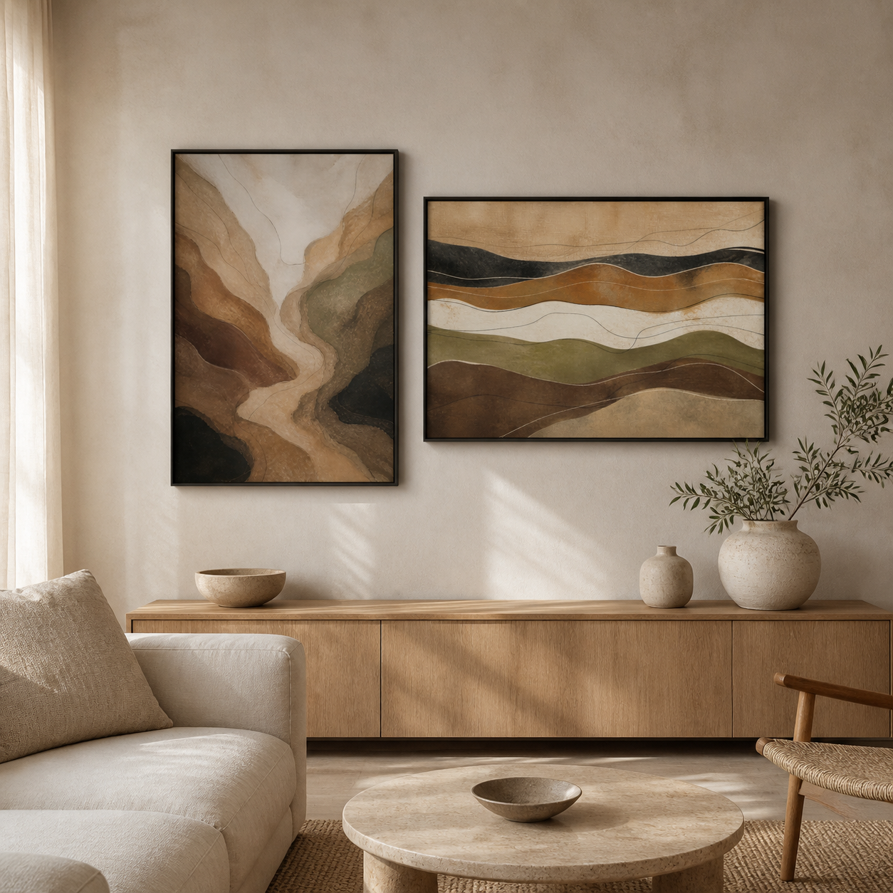 Earthy Contours black floating frame canvas wall art in a contemporary living room, portrait and landscape
