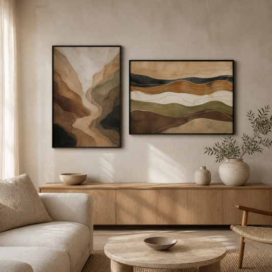 Earthy Contours black floating frame canvas wall art in a contemporary living room, portrait and landscape