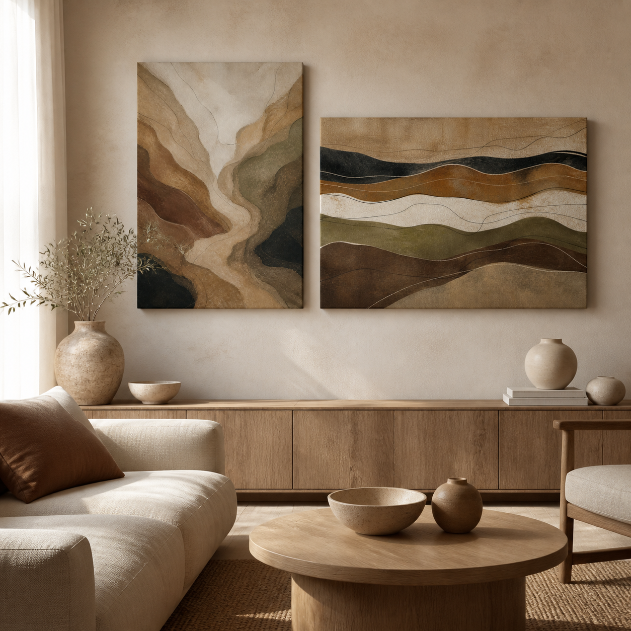 Earthy Contours stretched canvas wall art in a contemporary living room, portrait and landscape
