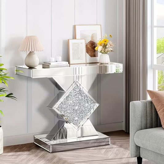 Elegant Silvery Mirror Console Table, Inlaid with Broken Diamonds, 81.28cm Glass Entrance Table Suitable for Narrow Sofa Tables in Living Rooms, Corridors or Lobbies, Sturdy and Stylish Design – view 1