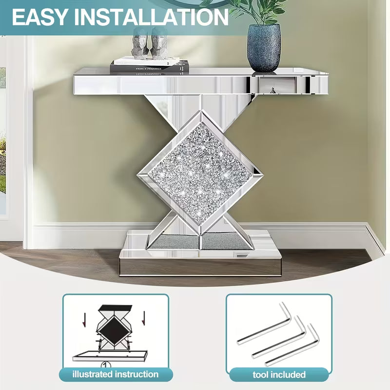 Elegant Silvery Mirror Console Table, Inlaid with Broken Diamonds, 81.28cm Glass Entrance Table Suitable for Narrow Sofa Tables in Living Rooms, Corridors or Lobbies, Sturdy and Stylish Design – view 2
