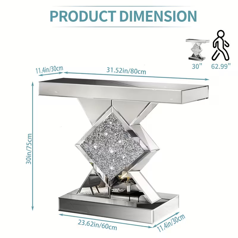 Elegant Silvery Mirror Console Table, Inlaid with Broken Diamonds, 81.28cm Glass Entrance Table Suitable for Narrow Sofa Tables in Living Rooms, Corridors or Lobbies, Sturdy and Stylish Design – view 3
