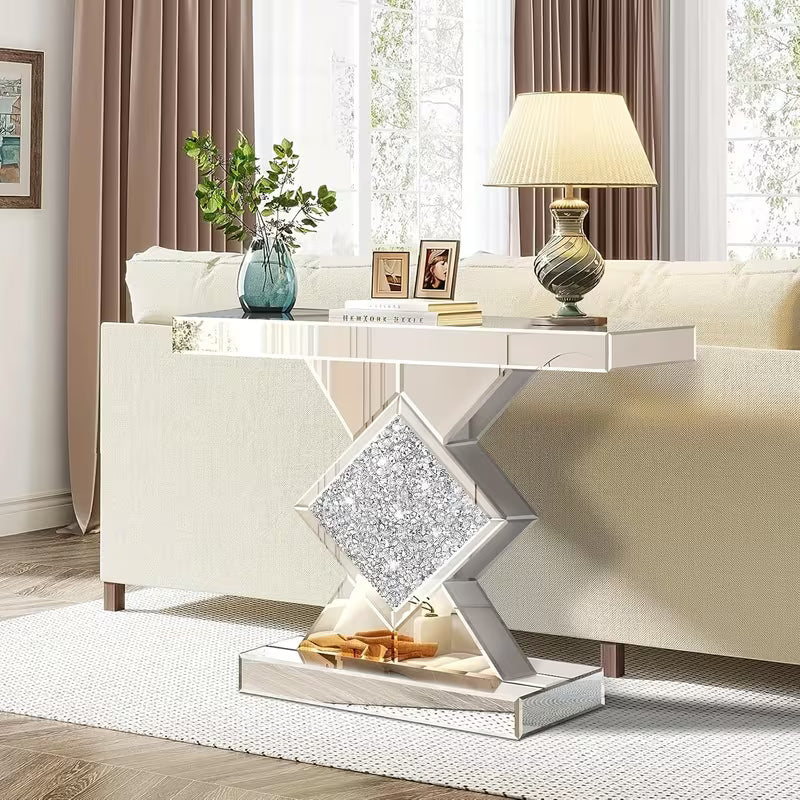 Elegant Silvery Mirror Console Table, Inlaid with Broken Diamonds, 81.28cm Glass Entrance Table Suitable for Narrow Sofa Tables in Living Rooms, Corridors or Lobbies, Sturdy and Stylish Design – view 4