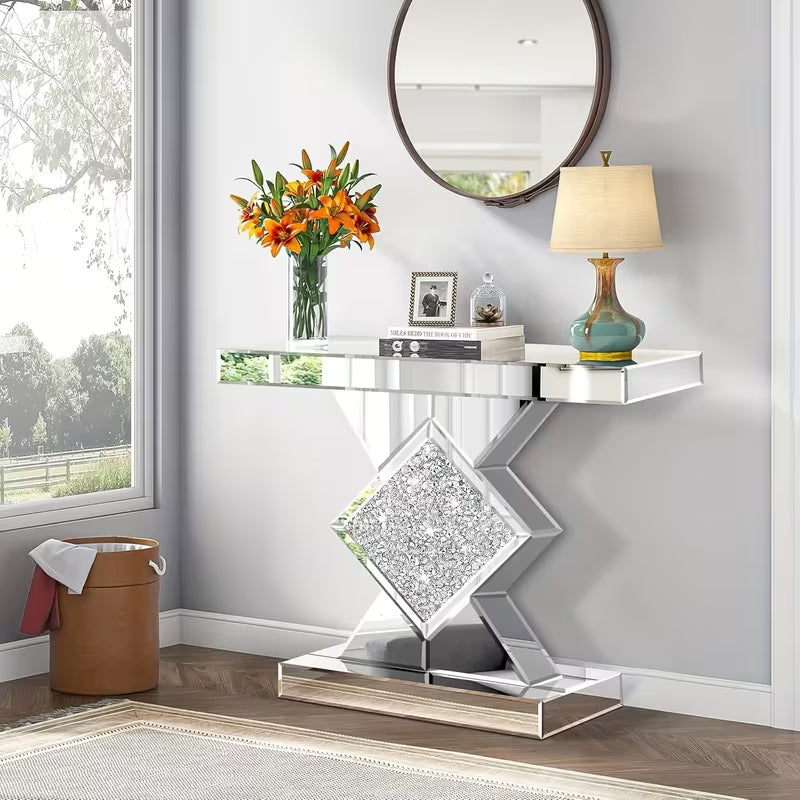 Elegant Silvery Mirror Console Table, Inlaid with Broken Diamonds, 81.28cm Glass Entrance Table Suitable for Narrow Sofa Tables in Living Rooms, Corridors or Lobbies, Sturdy and Stylish Design – view 6