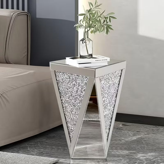 Elegant Silvery Mirrored End Table with Crystal Inlay - Stylish Small Coffee Table for Living Room, Bedroom, Or Corner Decor (30.48x30.48x50.8 cm) – view 1