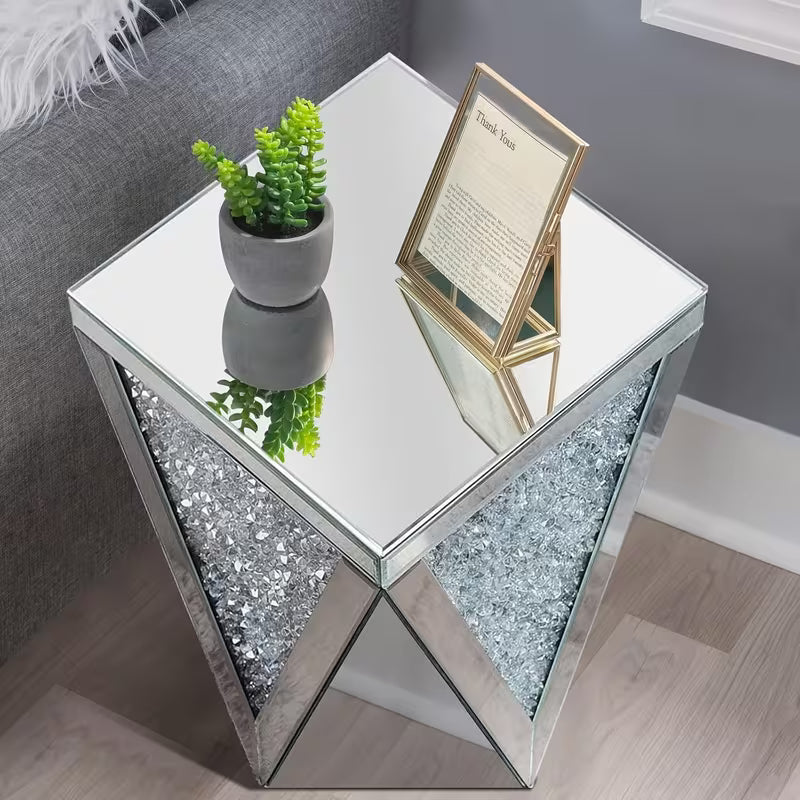Elegant Silvery Mirrored End Table with Crystal Inlay - Stylish Small Coffee Table for Living Room, Bedroom, Or Corner Decor (30.48x30.48x50.8 cm) – view 5