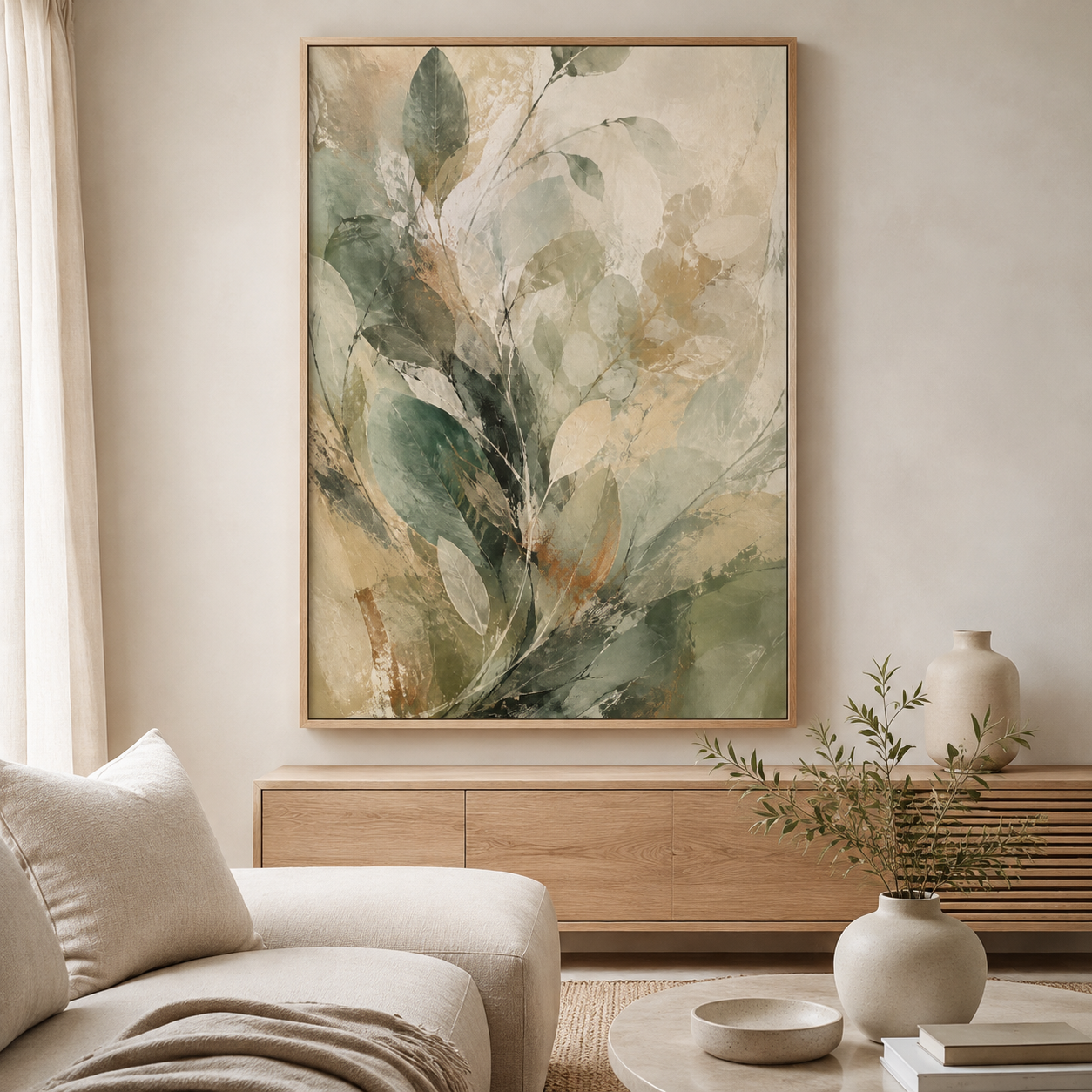 Eucalyptus Veil botanical floating-framed canvas styled in a calm neutral living room