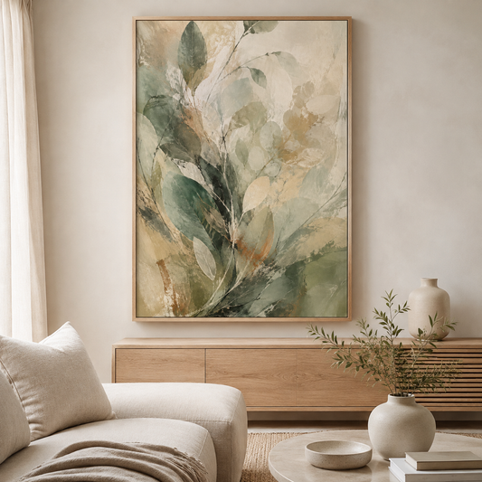 Eucalyptus Veil botanical floating-framed canvas styled in a calm neutral living room