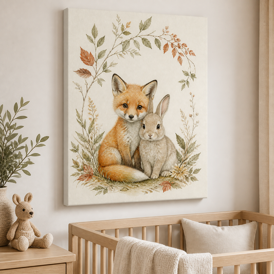 Forest Friends Nursery Stretched Canvas Wall Art styled in a neutral Australian baby nursery