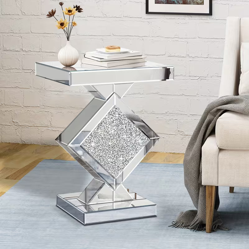 Luxurious Mirrored Edge Table with Quadrilateral Crystal Mirror Top & /Shield Base - Elegant Sofa/Side Table Suitable for Living Room, Entryway, Bedroom - Modern Decorative Furniture, No Assembly Required