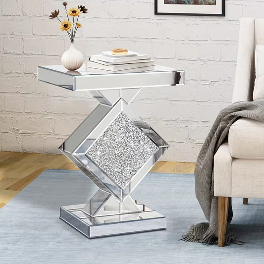 Luxurious Mirrored Edge Table with Quadrilateral Crystal Mirror Top & /Shield Base - Elegant Sofa/Side Table Suitable for Living Room, Entryway, Bedroom - Modern Decorative Furniture, No Assembly Required