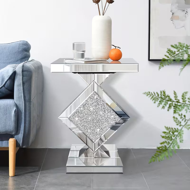 Luxurious Mirrored Edge Table with Quadrilateral Crystal Mirror Top & /Shield Base - Elegant Sofa/Side Table Suitable for Living Room, Entryway, Bedroom - Modern Decorative Furniture, No Assembly Required – view 2