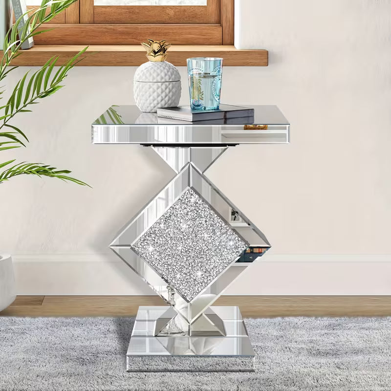 Luxurious Mirrored Edge Table with Quadrilateral Crystal Mirror Top & /Shield Base - Elegant Sofa/Side Table Suitable for Living Room, Entryway, Bedroom - Modern Decorative Furniture, No Assembly Required – view 4