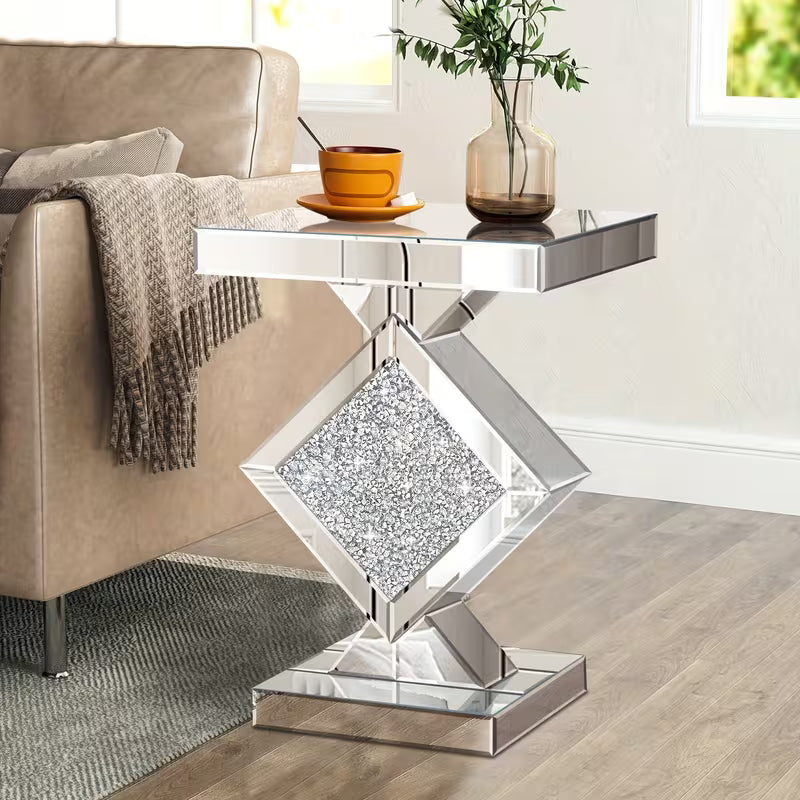 Luxurious Mirrored Edge Table with Quadrilateral Crystal Mirror Top & /Shield Base - Elegant Sofa/Side Table Suitable for Living Room, Entryway, Bedroom - Modern Decorative Furniture, No Assembly Required – view 5