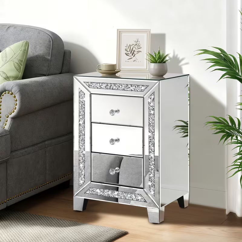 60.96cm Luxurious Diamond Inlaid Mirror Bedside Table, Drawer Slide Rails Slide Smoothly for Easy Storage And Organization, Mirror Frame Silvery Side Table, Suitable for Bedroom Bedside Cabinets And Living Room Side Tables – view 1