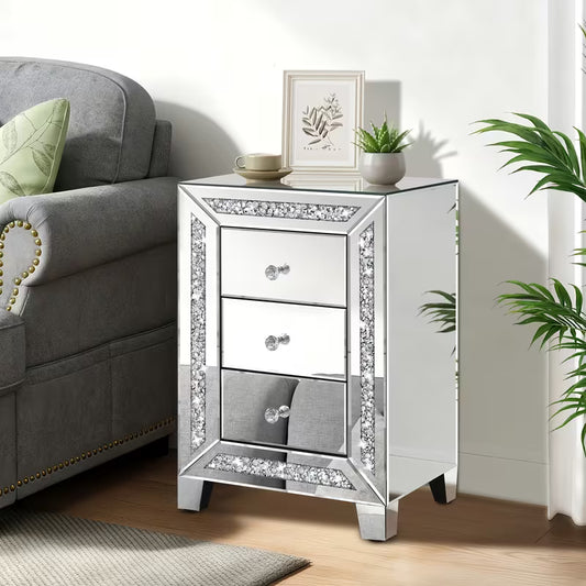 60.96cm Luxurious Diamond Inlaid Mirror Bedside Table, Drawer Slide Rails Slide Smoothly for Easy Storage And Organization, Mirror Frame Silvery Side Table, Suitable for Bedroom Bedside Cabinets And Living Room Side Tables – view 1