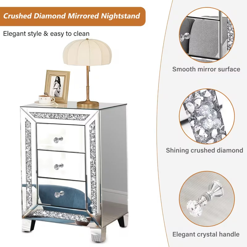 60.96cm Luxurious Diamond Inlaid Mirror Bedside Table, Drawer Slide Rails Slide Smoothly for Easy Storage And Organization, Mirror Frame Silvery Side Table, Suitable for Bedroom Bedside Cabinets And Living Room Side Tables – view 2