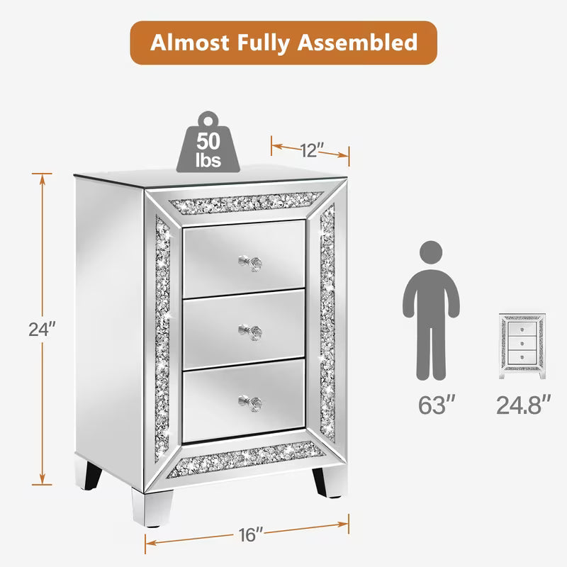 60.96cm Luxurious Diamond Inlaid Mirror Bedside Table, Drawer Slide Rails Slide Smoothly for Easy Storage And Organization, Mirror Frame Silvery Side Table, Suitable for Bedroom Bedside Cabinets And Living Room Side Tables – view 3