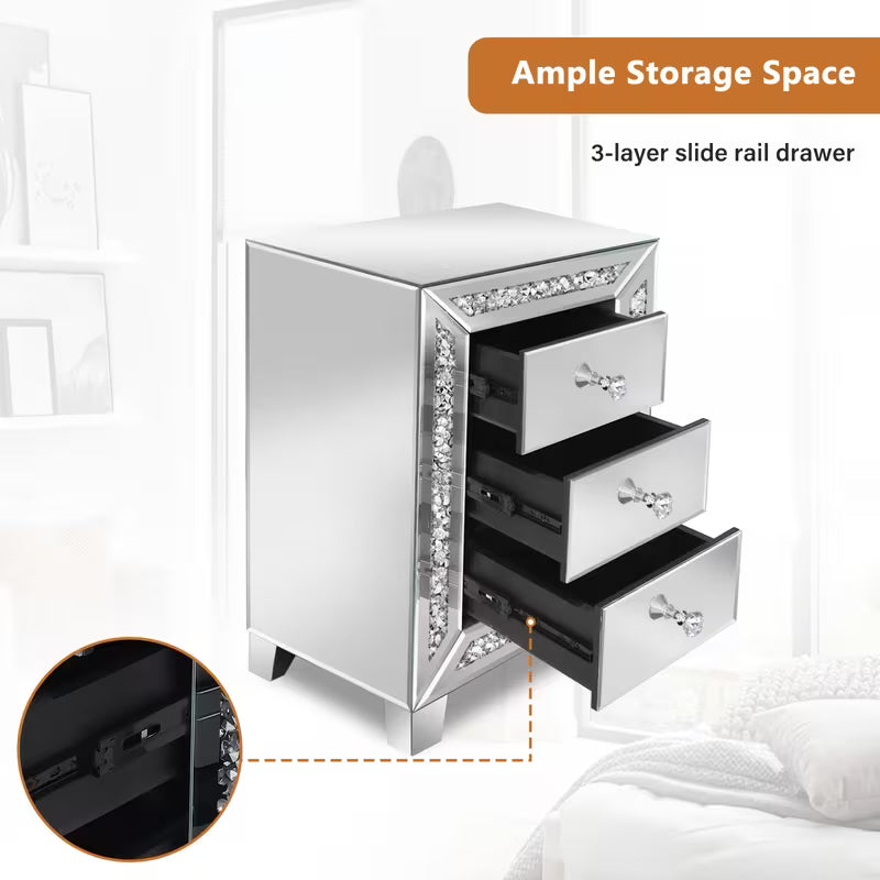 60.96cm Luxurious Diamond Inlaid Mirror Bedside Table, Drawer Slide Rails Slide Smoothly for Easy Storage And Organization, Mirror Frame Silvery Side Table, Suitable for Bedroom Bedside Cabinets And Living Room Side Tables – view 4
