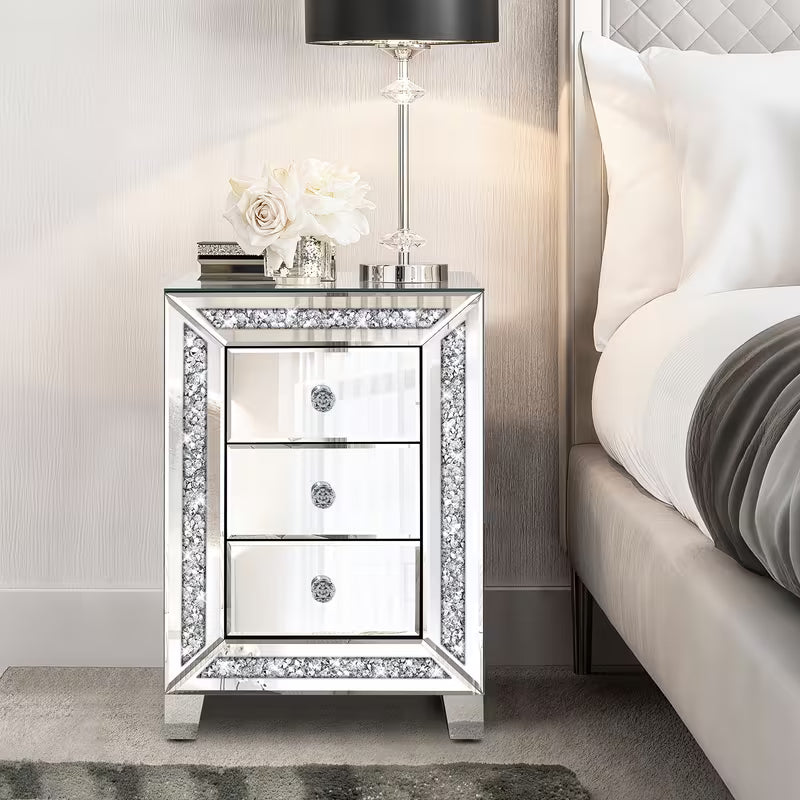 60.96cm Luxurious Diamond Inlaid Mirror Bedside Table, Drawer Slide Rails Slide Smoothly for Easy Storage And Organization, Mirror Frame Silvery Side Table, Suitable for Bedroom Bedside Cabinets And Living Room Side Tables – view 5