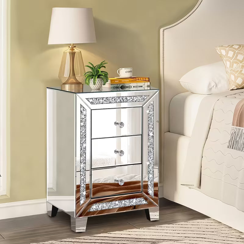 60.96cm Luxurious Diamond Inlaid Mirror Bedside Table, Drawer Slide Rails Slide Smoothly for Easy Storage And Organization, Mirror Frame Silvery Side Table, Suitable for Bedroom Bedside Cabinets And Living Room Side Tables – view 6